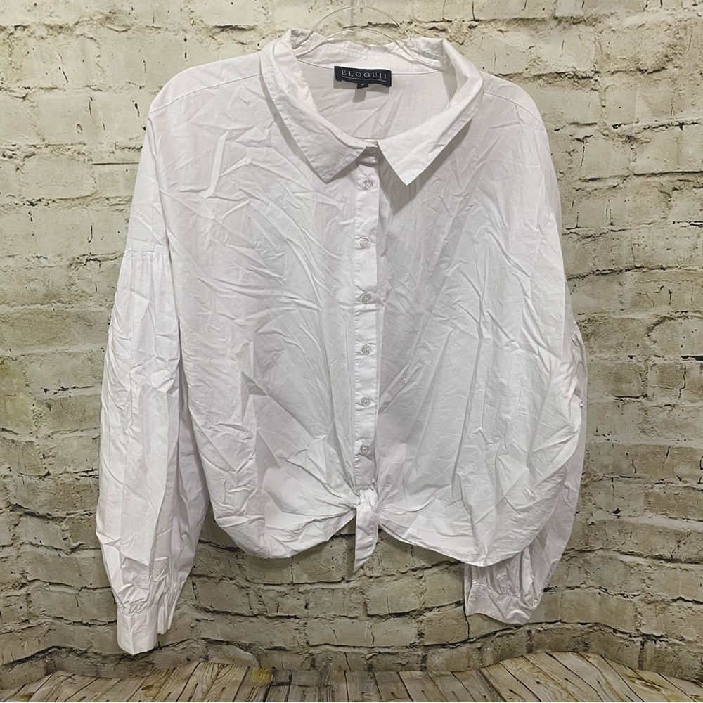 Eloquii White Cotton Button Up Tie Waist Top